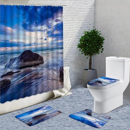 Ocean Scenery In The Sunset Shower Curtain And Bath Carpet Set Curtains For Bathroom Home Decor Flannel Foot Pad U-Shaped Pad