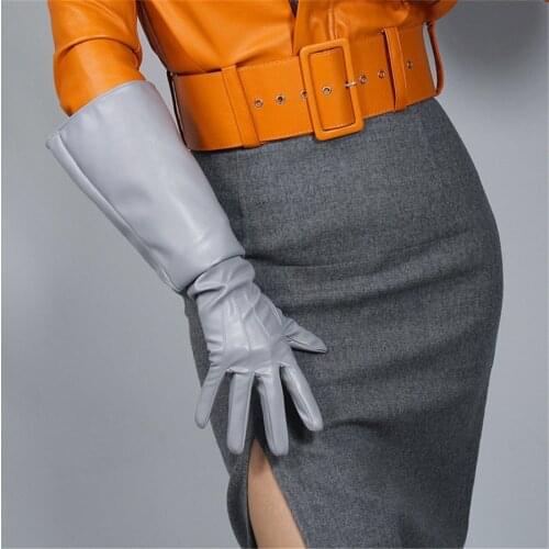 Female Leather Gloves 50cm Long Simulation Leather Silver Gray Light Gray Large Sleeve PUQHSD50