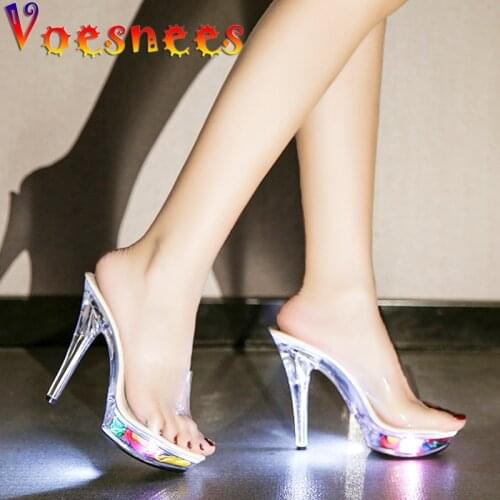 Voesnees Women Slippers Summer 2021 New Brand Glowing LED Women Shoes PVC Transparent Crystal Thin Heel High Heels Ladies Slides