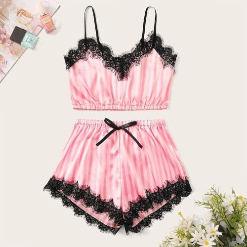 Women’s Two Piece Lingerie Set Fashion Lady Girls Stripes Lace Camisole Bow Elastic High Waist Shorts Clothing Set Nightwear