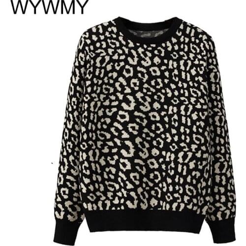 WYWMY Autumn Winter Leopard Printed Womens Sweater Knitted Pullover Long Sleeve Contrast Color O Neck Knit Jumpers Sweter Mujer