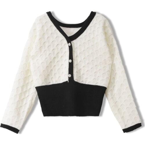 Fashion Autumn Elegant Women Cropped Cardigans Patchwork Long Sleeve Sweater Lady Chic Knitted Femme Slim Tops Jumpers Vintage