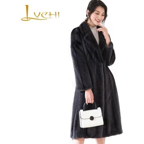 LVCHI Winter 2019 Import Swan Velvet Real Mink Fur Coats Womens Full Sleeve Coat Full Pelt Turn-Down Collar X-Long Mink Coats