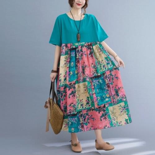 Patchwork Print Floral Vintage Dress 2021 New Arrival Soft Cotton Linen Loose Summer Dress Women Travel Casual Long Maxi Dress