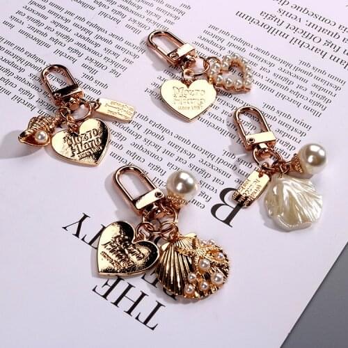 1pc Lovely peach heart ornament shells ins metal jewelry Faux pearl pendant Keychain