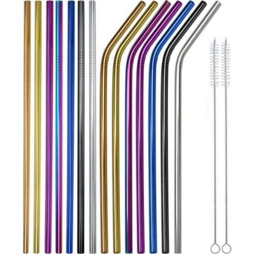 100pcs 267mm Stainless Steel Metal Drinking Reusable Rainbow Party Straws+10 cleaning brush Bar Accessories Party Cocktail Set