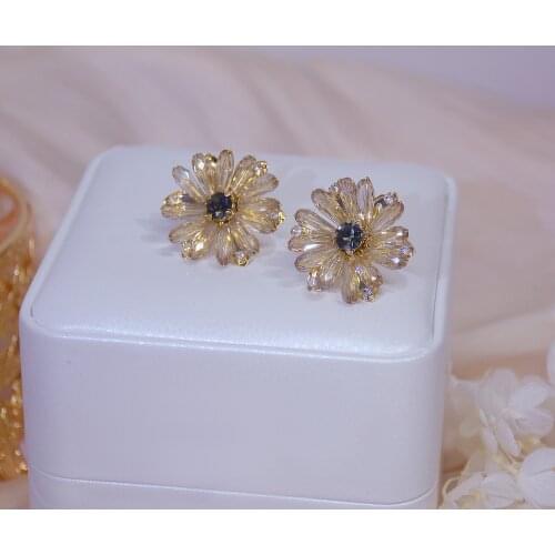14k Real Gold Plated Fashion Jewelery Crystal Flower Exquisite Cute Stud Earrings for Woman Holiday Party Elegant Earring