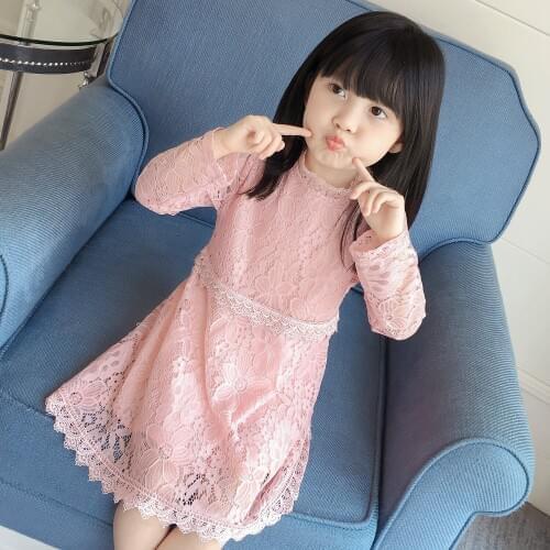 2017 Autumn New Baby Kids Girl Lace Long Sleeve Dress, Children Girls Pure Color Princess Dresses Vestido Outfits