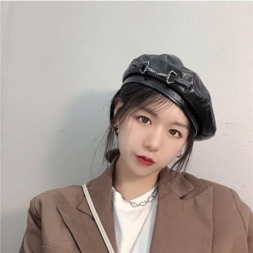 2020ins Autumn/winter Leather Pu Ladies Beret Caps Windproof Warm Navy Hats Popular In Europe, Korea And JapaPU
