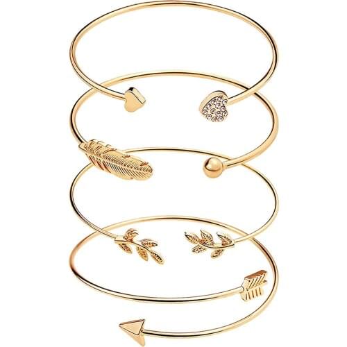 4PCS Bracelet Set Bracelet for Women Open Adjustable Cuff Bracelet Wire Stackable Wrap Jewelry Summer Leaf Fresh Jewelry