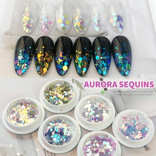 6pcs Holographic Nail Glitter Sequins Mix Star Leaf Heart Hexagon Aurora Nail Paillette Laser Manicure Decorations For DIY Nails