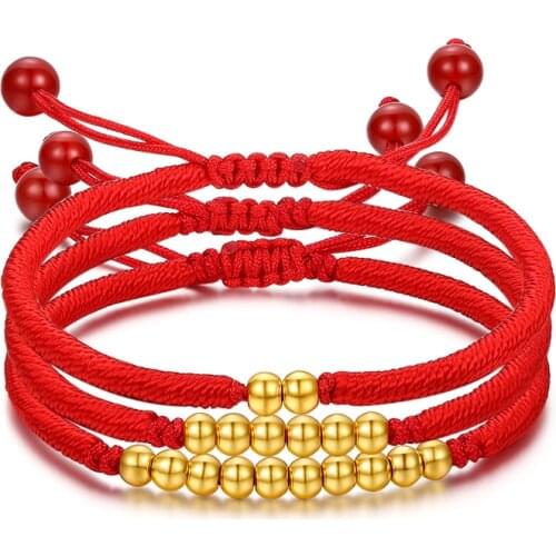 999 24K Yellow Gold Bracelet Real Gold Chain Luck Small Smooth Bead Charms and Red Rope Knitted Bead Girl Best Gift Jewellery