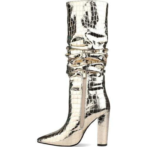 Arden Furtado 2020 Fashion Womens Shoes Elegant Womens Boots zipper chunky heels Knee High Boots big size gold silver boots 42