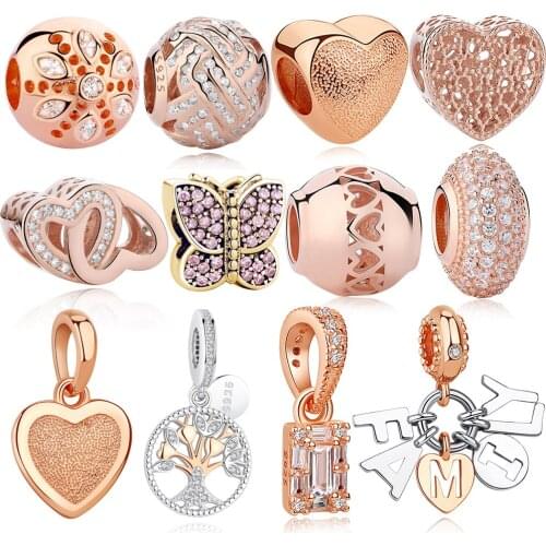 ELESHE Rose Gold Charm Bead 925 Sterling Silver Family Tree Love Heart Crystal Beads Fit Original Charm Bracelet DIY Jewelry