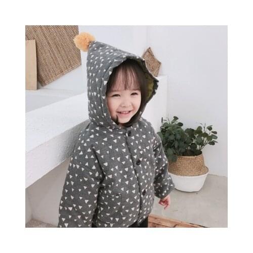 New Korean Kids Winter Hooded Thicken Coat Baby Triangle Pattern Cotton Jacket for Girls Hoodies Children Yellow Hair Ball Coats