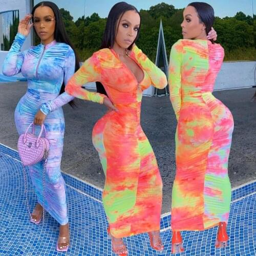 Echoine Autumn Orange Tie Die Print Zipper Long Sleeve Dress Sexy Skinny Pleated Stacked Dresses Stretch Long Vintage Vestido
