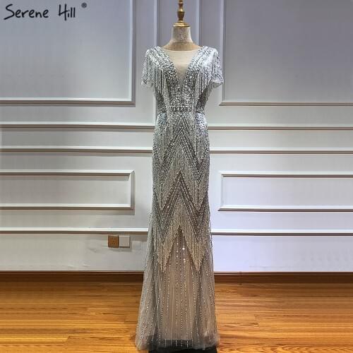 Dubai Gold V-Neck Tassel Luxury Evening Dresses 2020 Latest Design Short Sleeves Sexy Formal Dress Serene Hill LA60918