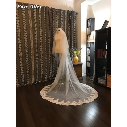 Cathedral Lace Veil 2-Tier 100" wide X 100" (2.5 meter) long Lace Trim on Floor Section
