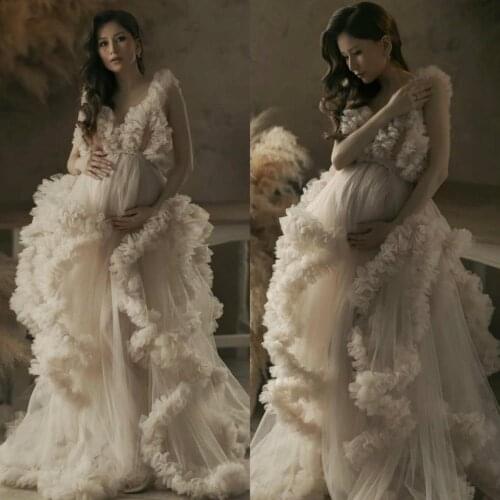Nude Bathrobes for Pregant Photograph Tiered Ruffles Pajamas Party Nightgowns Custom Made Womens Sleepwears