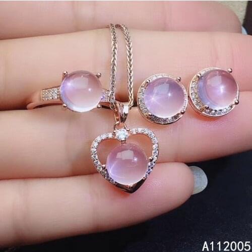 KJJEAXCMY Fine Jewelry 925 sterling silver inlaid natural gemstone Rose Quartz ring pendant earring set luxury supports test