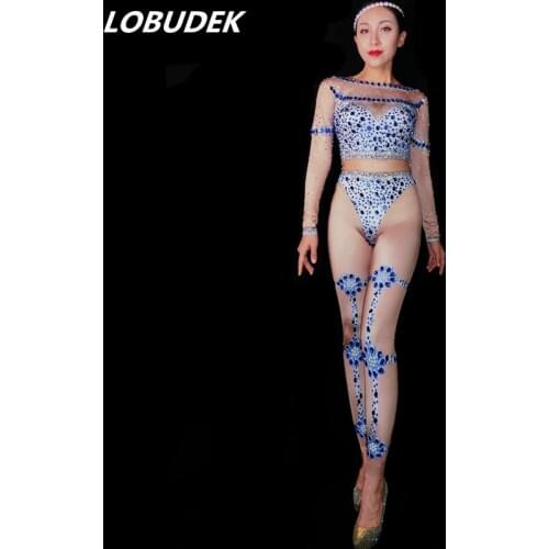 Blue Rhinestones Elastic Long Sleeve Spandex Jumpsuit Women Birthday Party Celebration Stage Wear Nightclub Bar Singer Costume