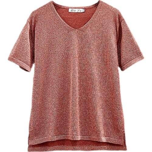 Korean Fashion 2021 Summer Ladies Tops O-Neck Ice Silk Knitwear Clothing Womens Tops Blouses Harajuku Shirt Solid Clothes 14331