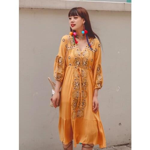 Summer New Womens Dress Ins Korean Version Of The Net Red With The Same Embroidery Lantern Sleeve Mid-Length Dress