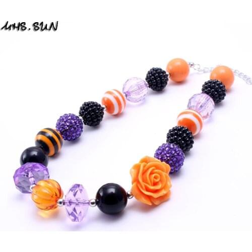 MHS.SUN 2PCS Halloween Style Kid Chunky Necklace Orange Flower Toddlers Girls Bubblegum Bead Chunky Necklace Children Jewelry