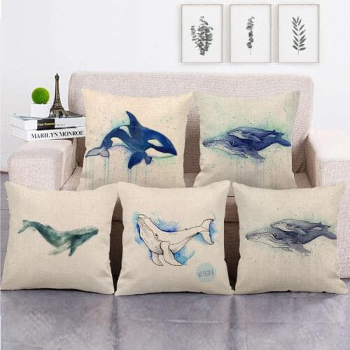 One Side Print Cushion Cover Linen Pillow Cover for Home Sofa Seat Throw Cases Cute Vintage Decoration 45X45cm Cartoon Whale