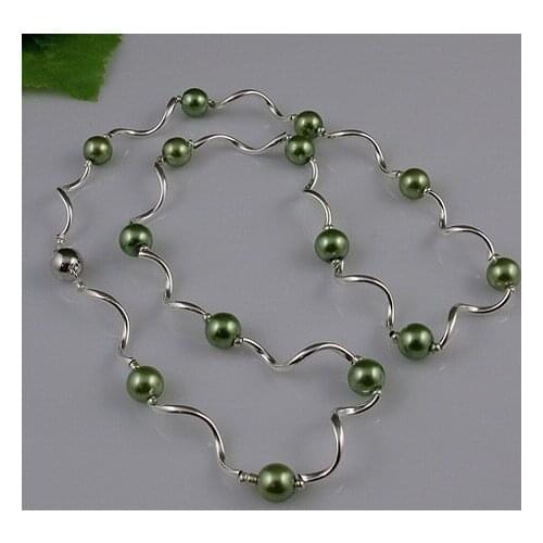 Unique Pearls jewellery Store,Single String Tube Silver Green Color Shell Pearl Necklace,Magnet Clasp,Charming Girl Wedding Gift