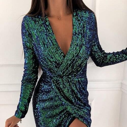 Real Picture Sexy Mini Women Dresses In Stock Cheap V Neck Long Sleeve Sequined Evening Party Gowns