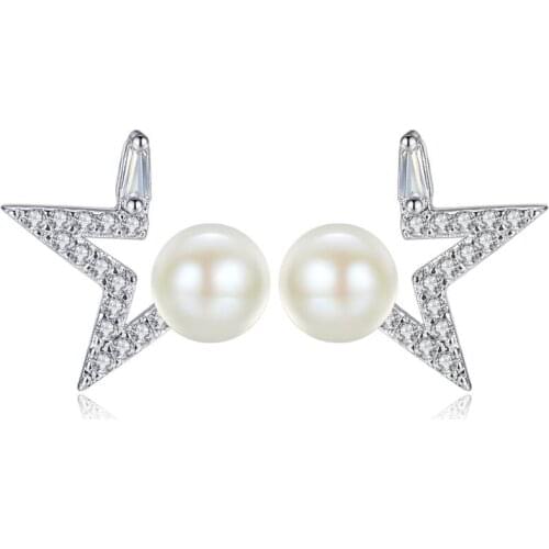 New Beautiful Zircon Personality Pentagram Pearl Stud Earrings Trend Creative 925 Sterling Silver Jewelry Boucle D'oreille SAE78