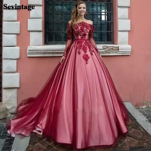 Sevintage A Line Lace Evening Dresses Plus Size Long Sleeves Prom Dress Appliqued Quinceanera Dress Women Formal Party Gowns