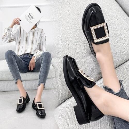 Rhinestone buckle patent leather brogue shoes woman plaid cloth patchwork British creepers flats women vintage crystal bullock