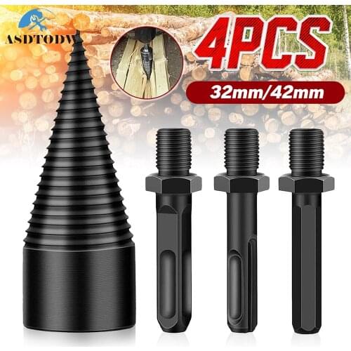 4pcs Firewood Splitting Drill Bit, Square/Round/Hexagon Handle , 32/42mm, High Speed Steels Log Splitter Drill