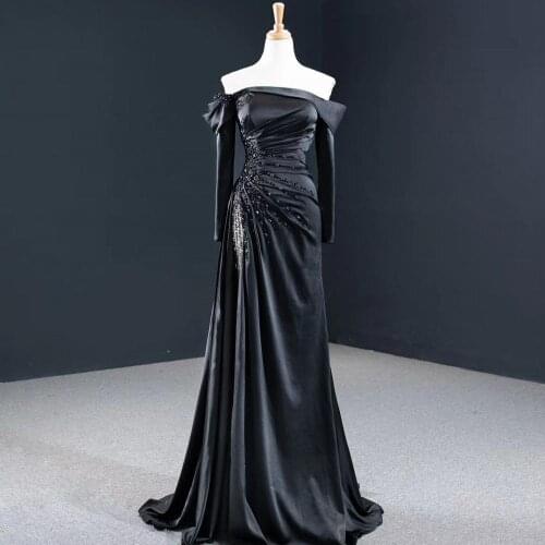 DD JYOY Long Sleeve Evening Dress Mermaid Luxury Beads Sexy Side Split Long Formla Prom Party Women Wear Strapless Neck Lace Up