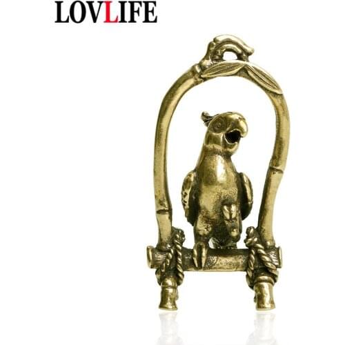 Vintage Brass Parrot Bird Cage Figurine Key Chain Pendant Jewelry DIY Keyring Hanging Accessories Creative Animal Keychain Decor