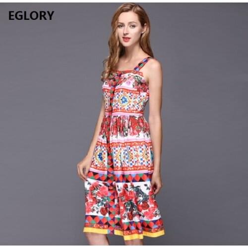 High Quality New Plus Size Clothing Women Spaghetti Strap Rose Floral Print Jewlery Button A-Line Sweet Dress 7xl 6xl 5xl 4xl