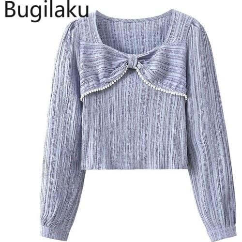 Bugilaku Bow Knot Pearl Design Chic Blouse Women Square Collar French Style Puff Sleeve Shirts Solid Colro Chic Korean Tops