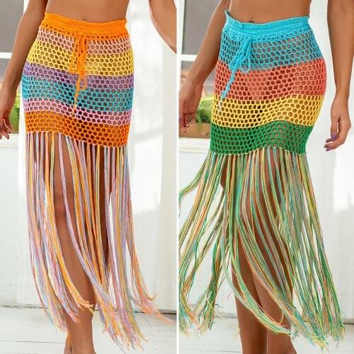 Womens Beach Cover-Up Fashion Tunic Bandage Bathing Suits Crocheted Rainbow Print Hollow Out Fringe Bikini Skirt Dress