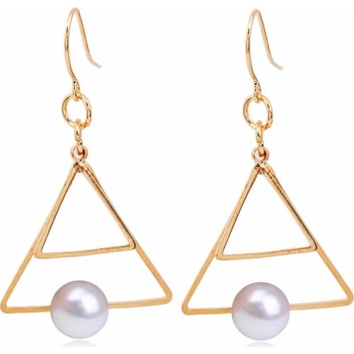 Double Hollow Triangle Simulated Pearl Hook & Clip Women Dangle Earrings Drop Earrings