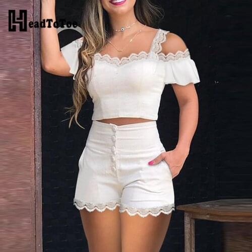 Cold Shoulder Lace Trim Top & Buttoned Shorts Set Summer Women Two Piece Set