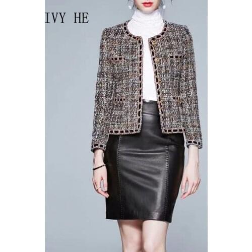 IVY HE High Quality Autumn Winter Womens Coat Clothing Elegant Tweed Short Coat Simple Atmosphere lassic Round Neck Wool Traf
