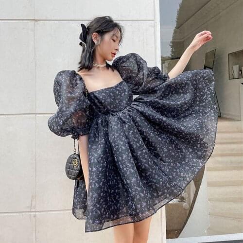 2021 women vintage floral vestidos print puff sleeve mini palace dress female retro square collarcasual slim streetwear dresse