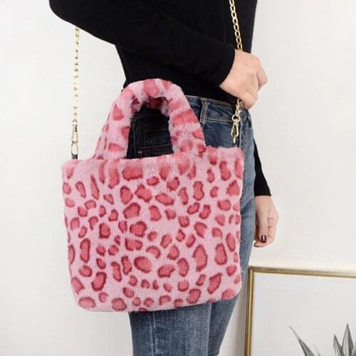 Winter New Fashion Shoulder Bag Female Leopard Female Bag Chain Large Plush Winter Handbag Messenger Bag Soft Warm Fur Bag