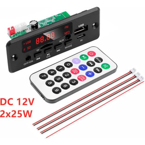 2*25W Amplifier MP3 Player Bluetooth Decoder Board 12V Bluetooth 5.0 Car FM Radio Module Hands-free Support TF USB AUX Recorders