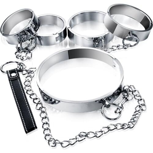 3pcs/Set(Collar+Handcuffs+Legcuffs) Stainless Steel Heavy Bondage kit Adult Games Hand Ankle Cuffs Slave Bdsm Sex Toy For Couple