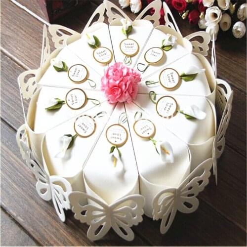 Creative Sweet Butterfly White Cake Candy Boxes + Flower + tags Wedding Favor Gift Paper Box 50sets