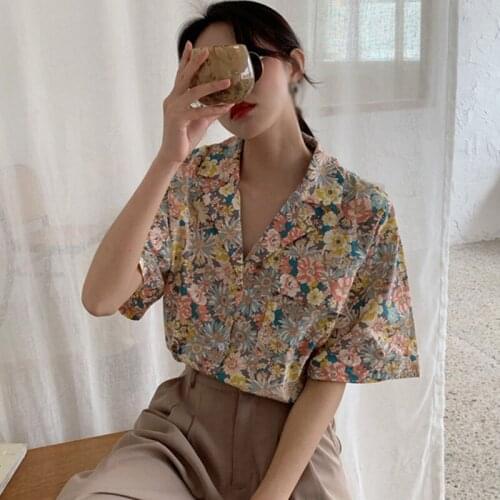 Summer Fashion Floral Printed Notched Top Wommen Casual Loose Short Sleeve Chiffon Shirt Blouse