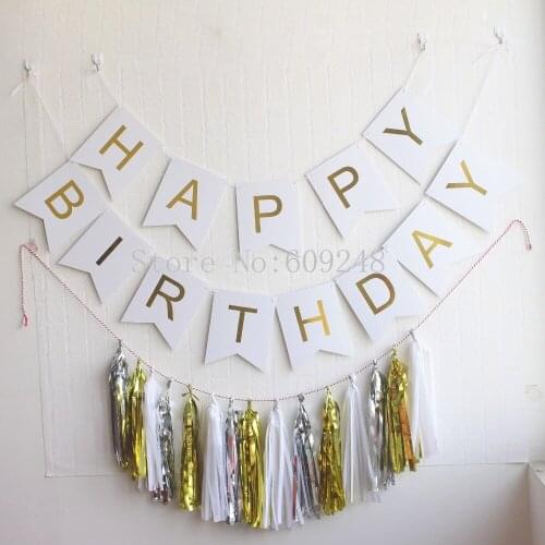 White Happy Birthday Party Decorations Set,White Banner Bunting Flag,Gold Silver Foil White Tissue Paper Tassel Garlands Bulk